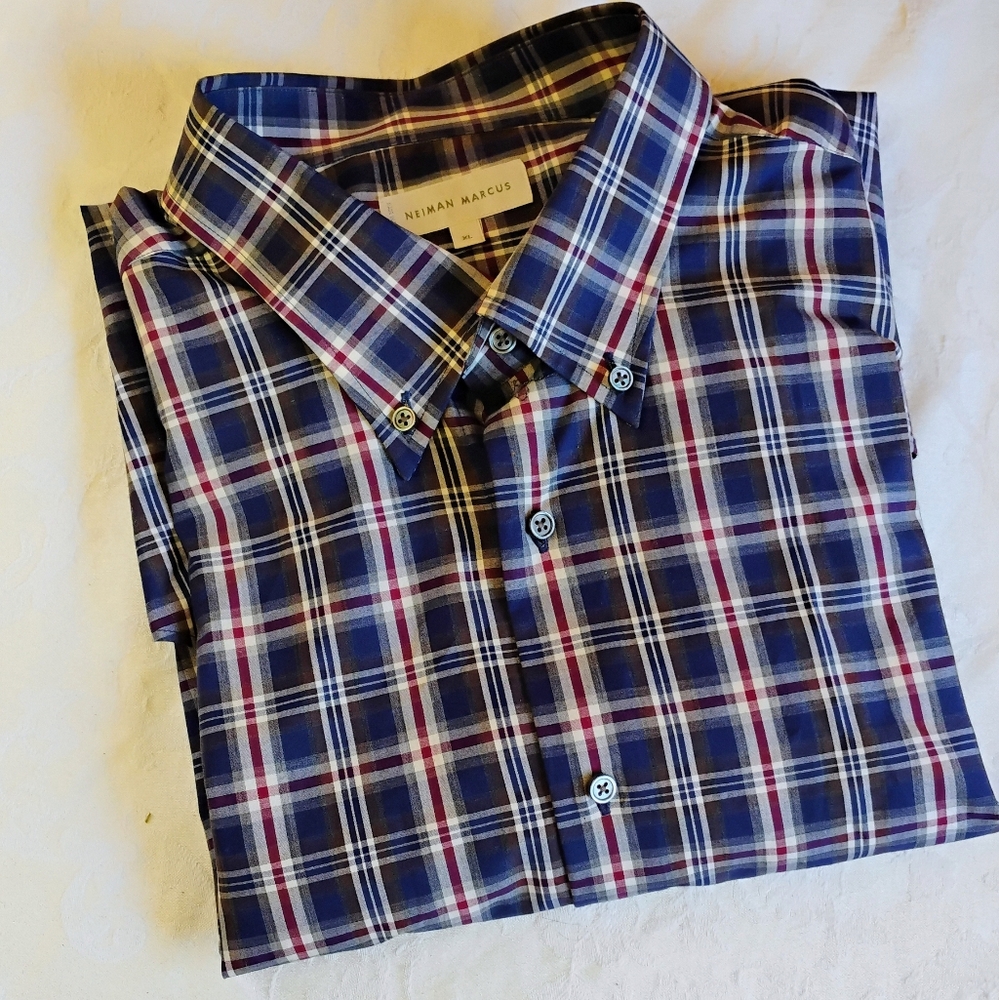 Neiman Marcus Men's Blue and Red Checkered Shirt